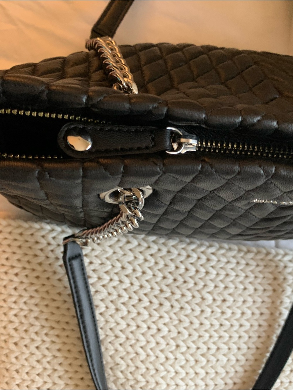 Karl Lagerfeld Black Quilted Chevron Tote with Chain Straps - Picture 10 of 16